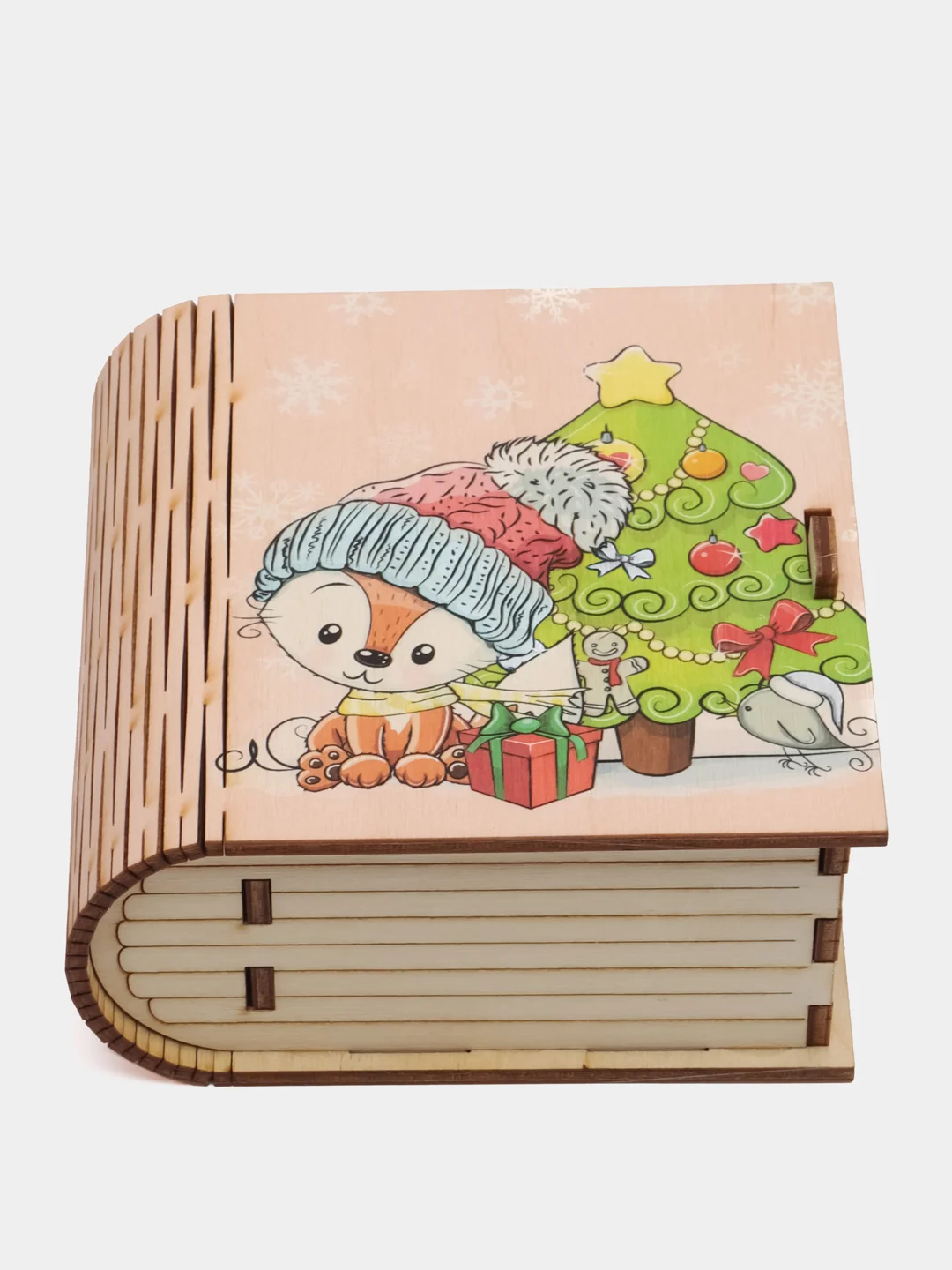 Бежевый шкатулка-книжка деревянная "Лисичка и ёлка" с пожеланием, для украшений и мелочей