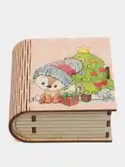 Бежевый шкатулка-книжка деревянная "Лисичка и ёлка" с пожеланием, для украшений и мелочей