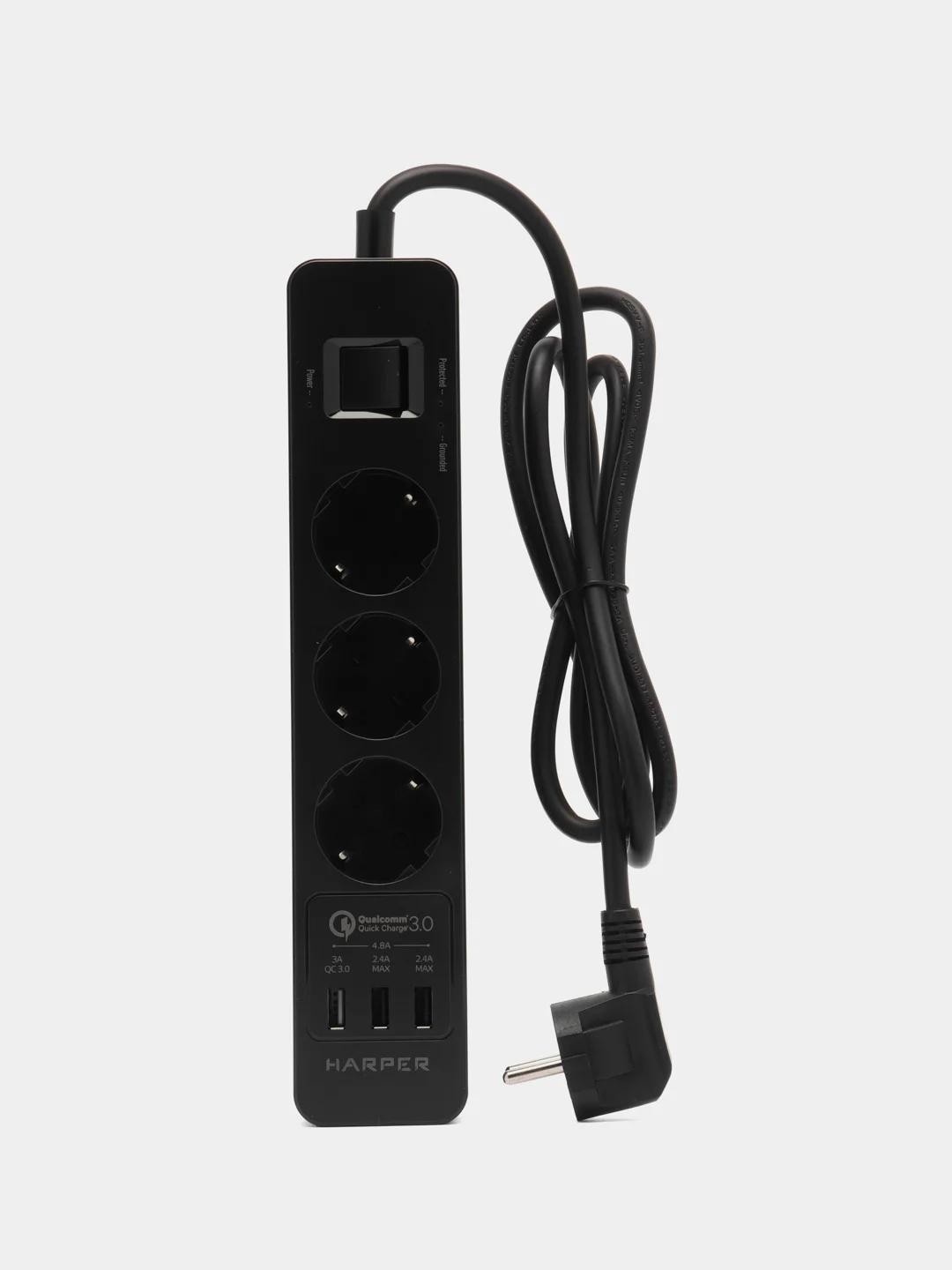 Черный сетевой фильтр - удлинитель Harper UCH-340 Quick Charge 3.0 с USB, с заземлением и защитой