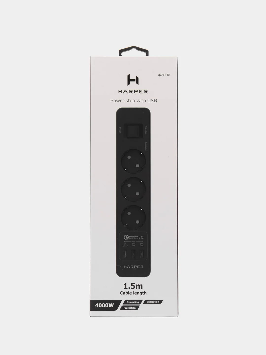 Черный сетевой фильтр - удлинитель Harper UCH-340 Quick Charge 3.0 с USB, с заземлением и защитой