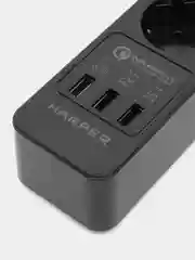 Черный сетевой фильтр - удлинитель Harper UCH-340 Quick Charge 3.0 с USB, с заземлением и защитой