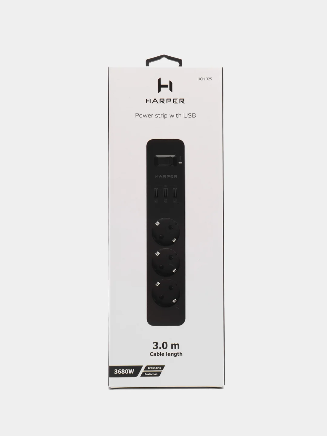 Сетевой фильтр Harper UCH-325 Black, 3 метра, 3 розетки, 3 USB, 3680 Вт