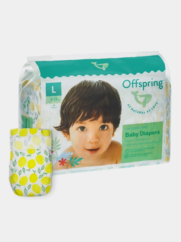 Подгузники Offspring, расцветка "Лимоны", L, 9-13 кг, 36 штук