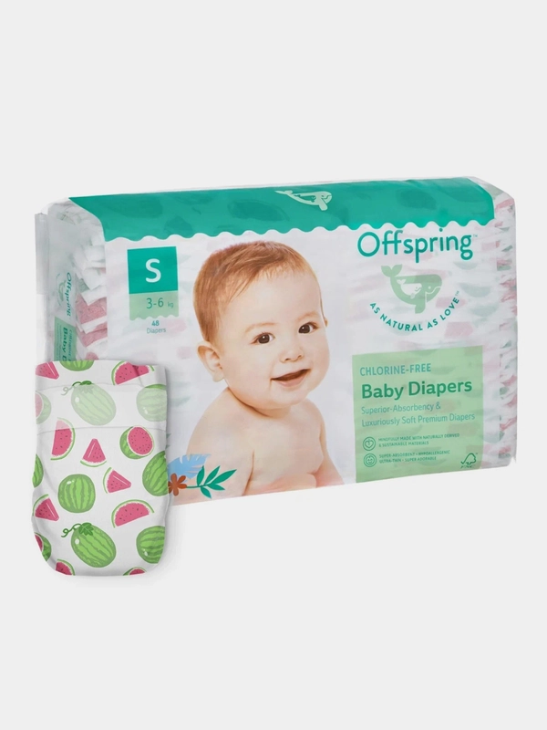 Подгузники Offspring, расцветка "Арбузы", S, 3-6 кг, 48 штук