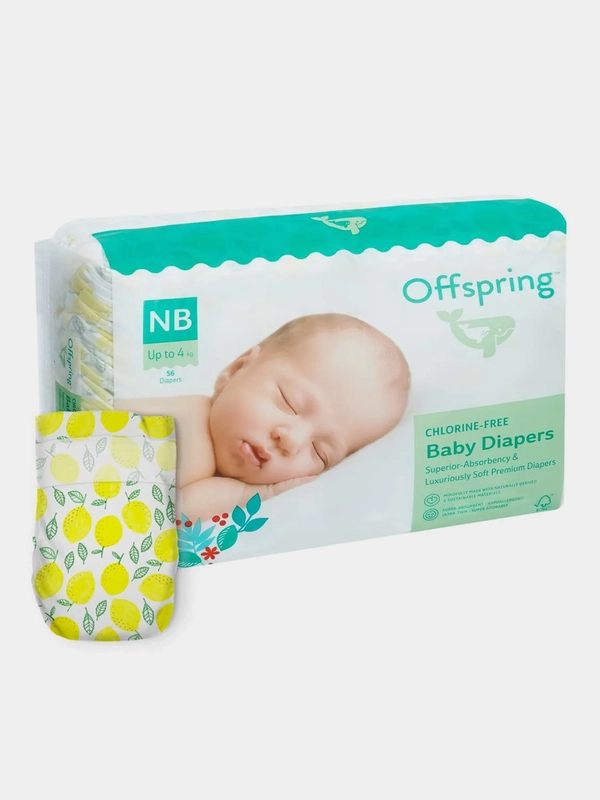 Подгузники Offspring, расцветка "Лимоны", NB, 2-4 кг, 56 штук
