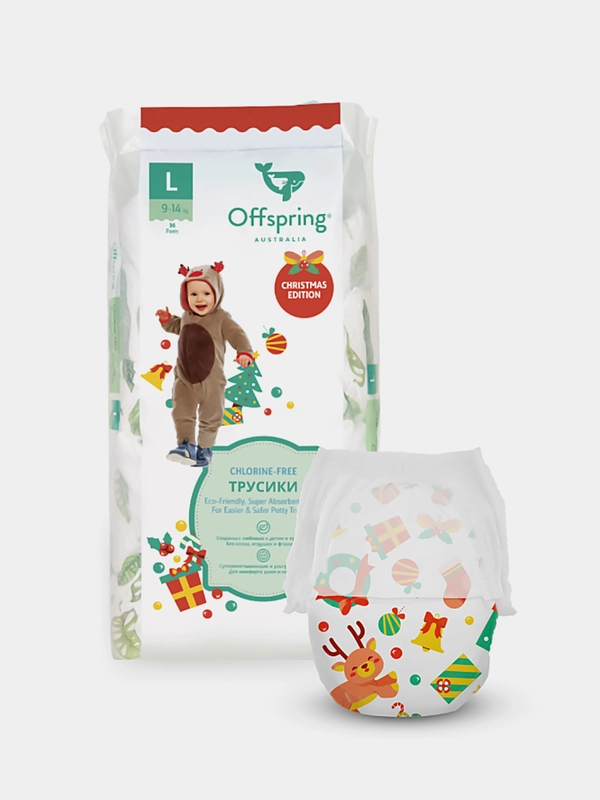 Трусики-подгузники Offspring, расцветка "Новый год", L, 9-14 кг, 36 штук