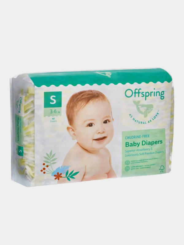 Подгузники Offspring, расцветка "Лимоны", S, 3-6 кг, 48 штук