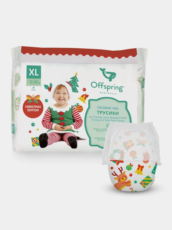 Трусики-подгузники Offspring, расцветка "Новый год", XL, 12-20 кг, 30 штук