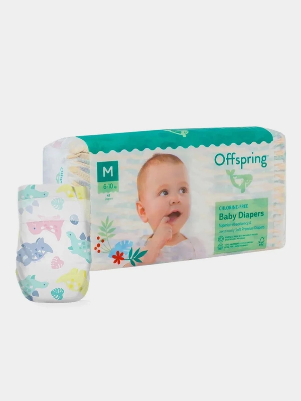 Подгузники Offspring, расцветка "Динозавры", M, 6-10 кг, 42 штук