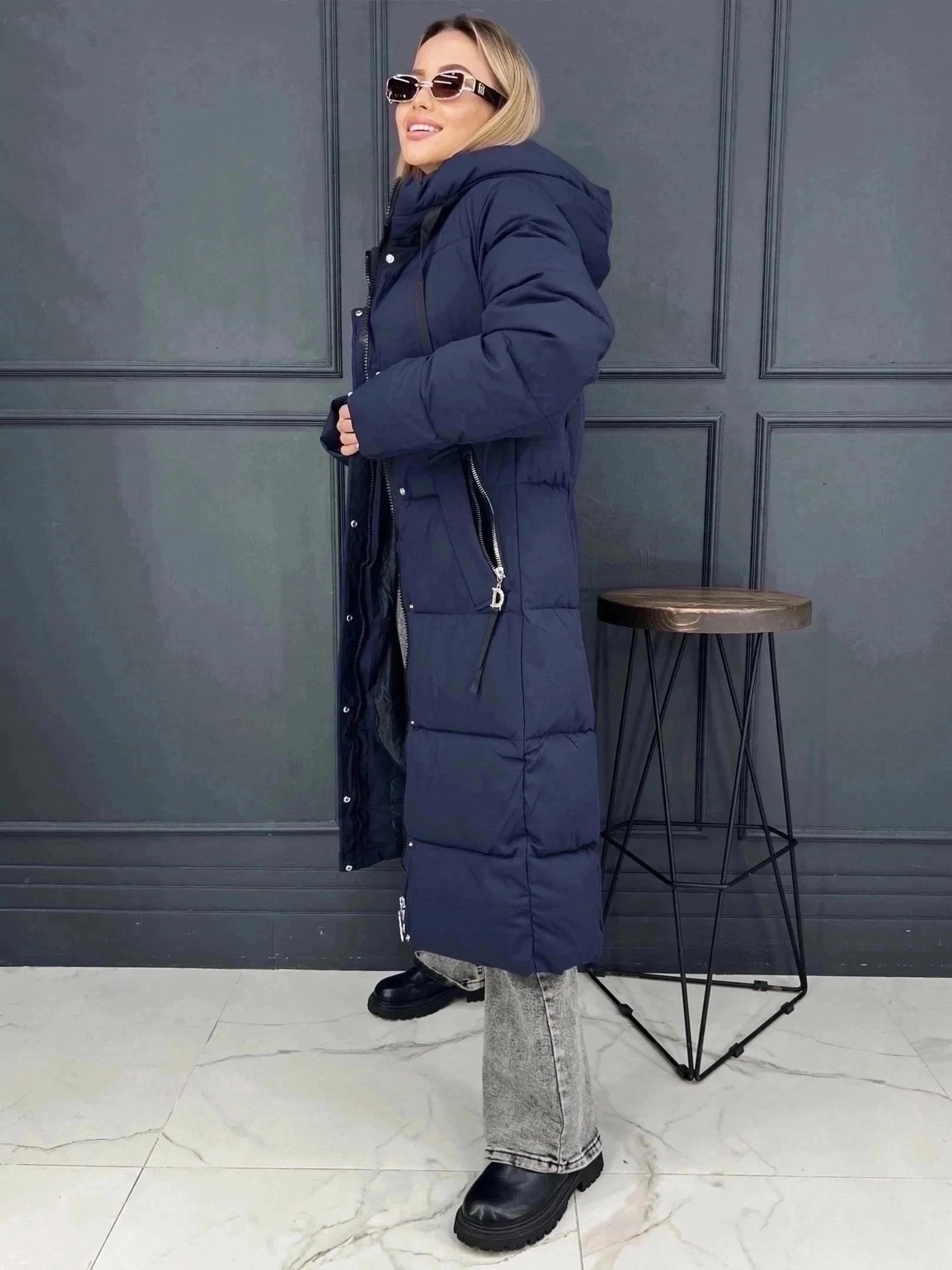 Индиго пуховик зимний, длинный