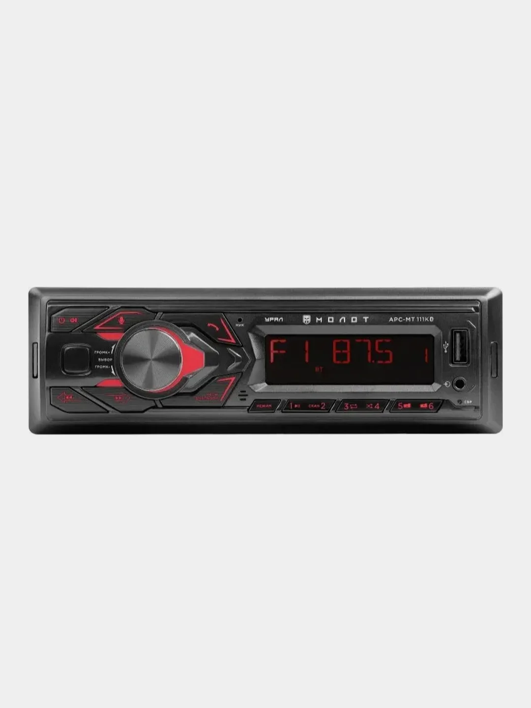 Красный автомагнитола УРАЛ MOLOT ARC-MT 111, 1 DIN, Bluetooth, RCA, AUX, USB