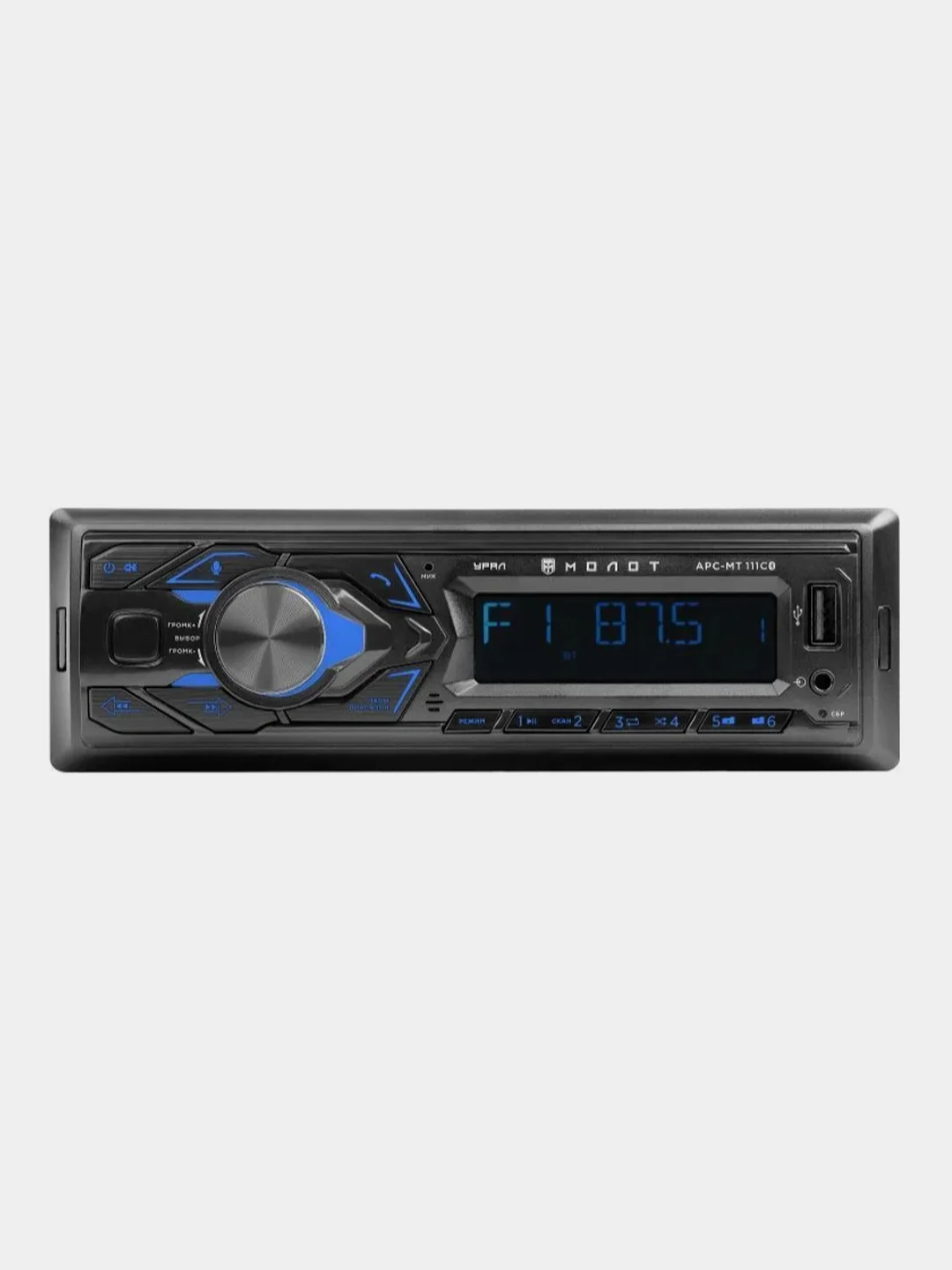 Синий автомагнитола УРАЛ MOLOT ARC-MT 111, 1 DIN, Bluetooth, RCA, AUX, USB