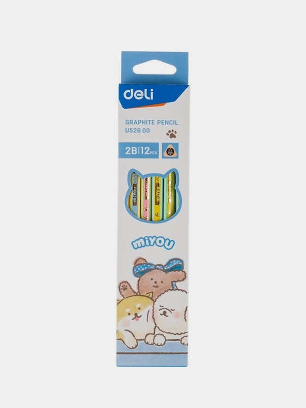 Карандаши чернографитные Deli MiYou EU52600, 2B, с ластиком, 12 штук