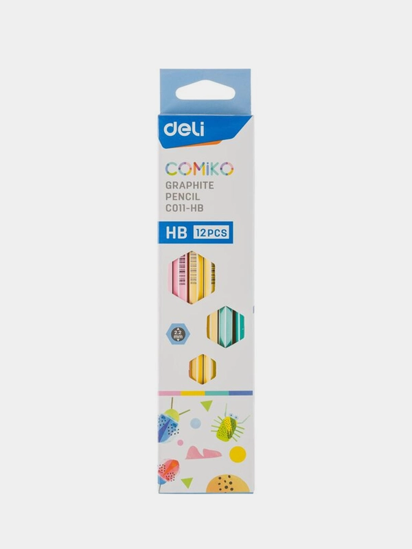 Карандаши чёрнографитные Deli EC011-HB, шестигранные, твердость HB, с ластиком, 12 штук