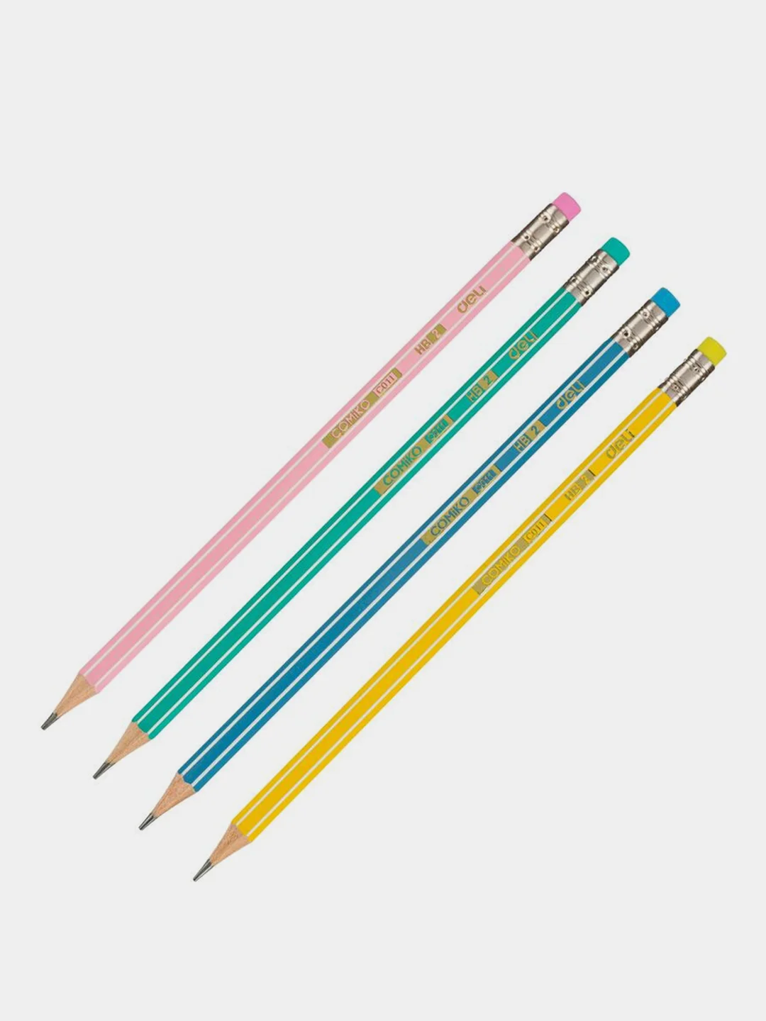 Карандаши чёрнографитные Deli EC011-HB, шестигранные, твердость HB, с ластиком, 12 штук