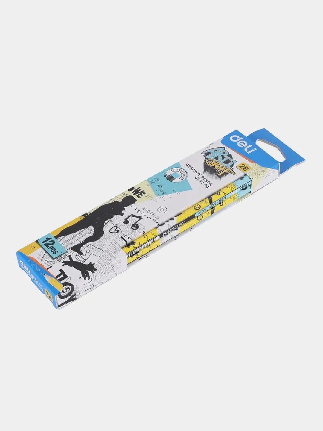 Карандаш чернографитный Deli Arti Graff, 2B, шестигранный, с ластиком, 12 штук