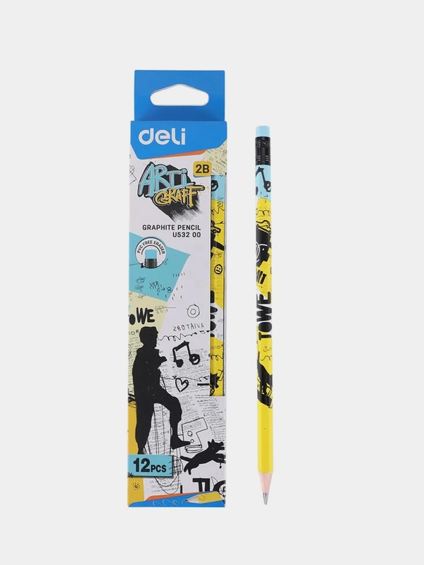 Карандаш чернографитный Deli Arti Graff, 2B, шестигранный, с ластиком, 12 штук