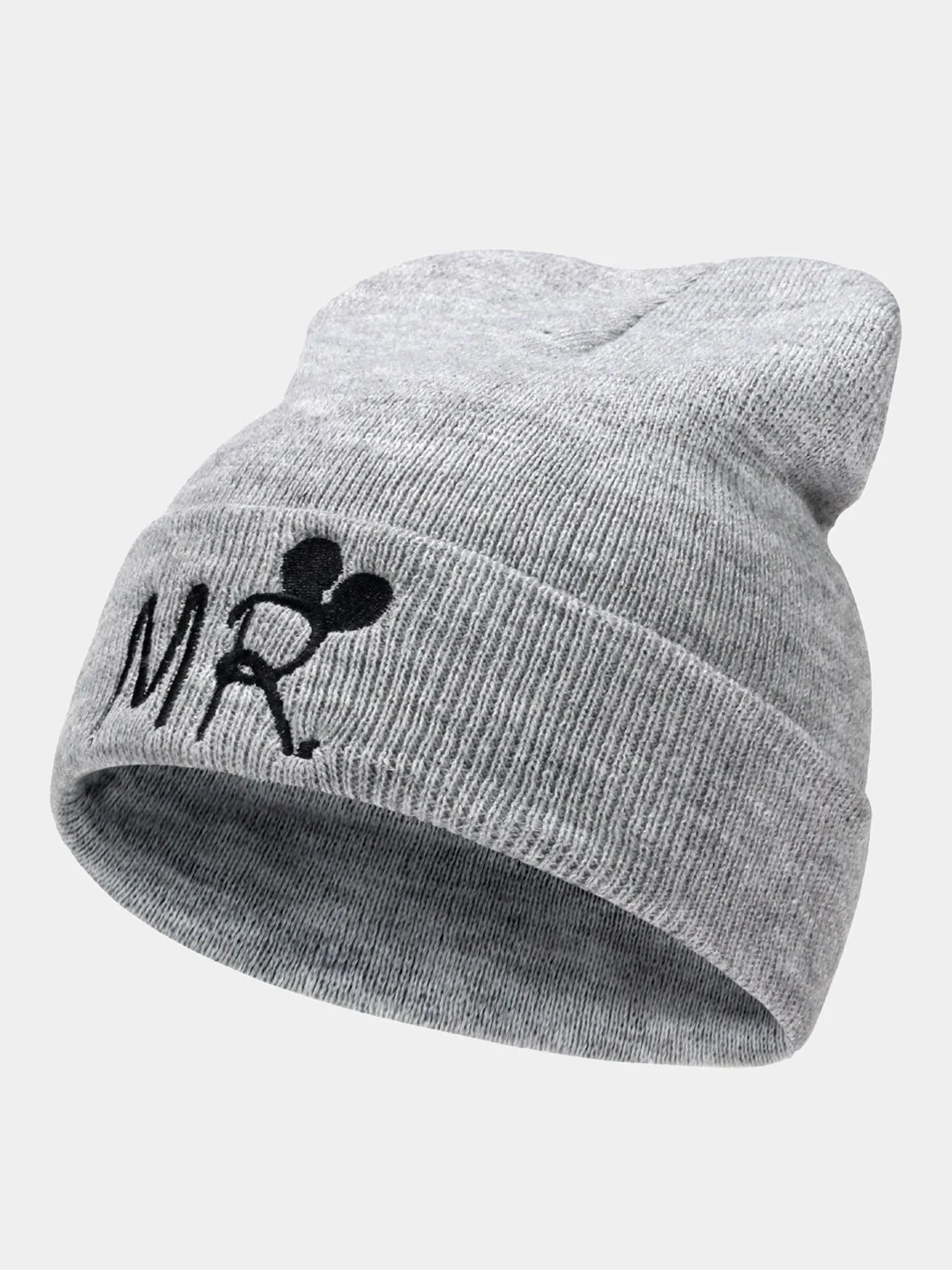 Серый металлик детская хлопковая вязанная шапка "MR и MRS Mickey" для мальчиков и девочек