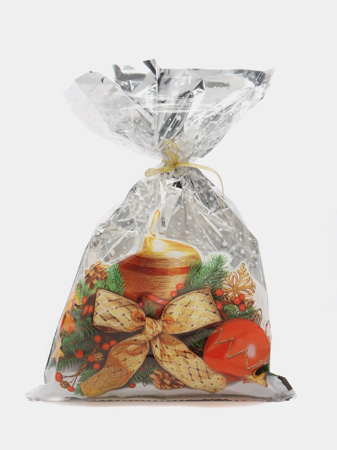 Серебряный пакет новогодний фольгированный подарочный, 25*40 см, с ленточками 30 см/Пакет без ручки