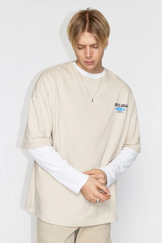 Бежевый футболка Befree oversize хлопковая с принтом