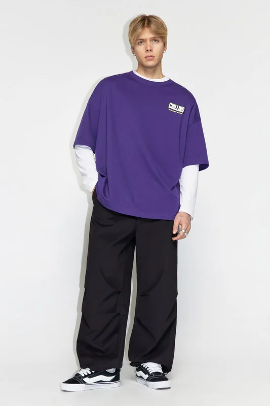 Фиолетовый футболка Befree oversize хлопковая с принтом