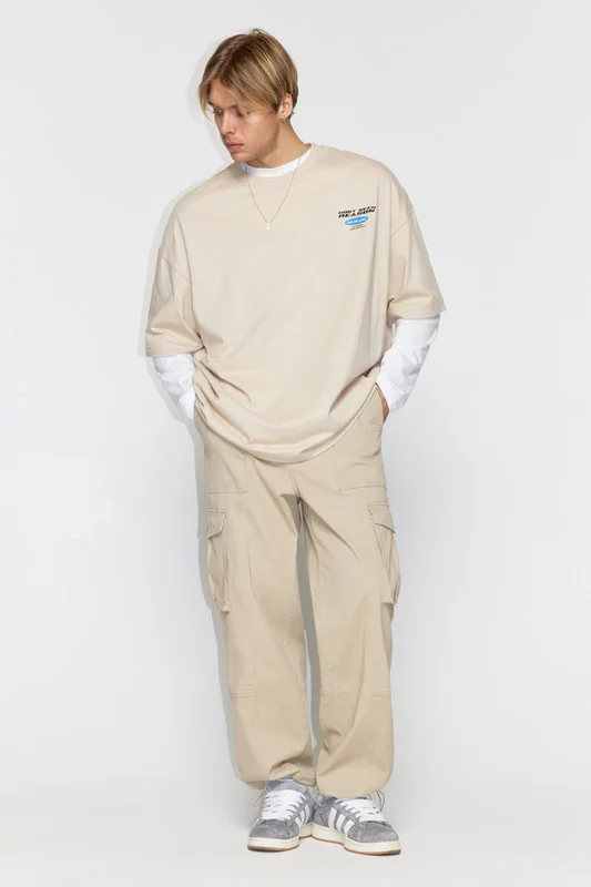 Бежевый футболка Befree oversize хлопковая с принтом