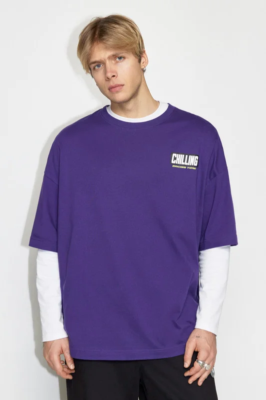 Фиолетовый футболка Befree oversize хлопковая с принтом