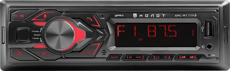 Автомагнитола УРАЛ MOLOT ARC-MT 111, 1 DIN, Bluetooth, RCA, AUX, USB