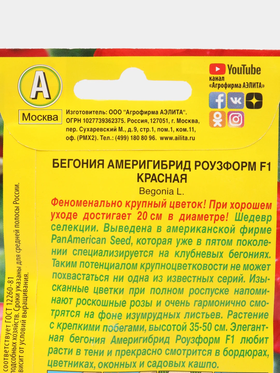 Бегония Америгибрид Роузформ F1 красная, драже в пробирке, Сел. PanAmerican