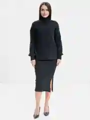 Черный женский костюм-двойка, юбка-макси, свитшот с высоким воротником, модный женский костюм