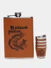Светло-оранжевый подарочный набор, мужской: фляга с рюмками