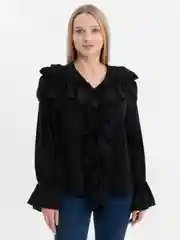 Черный рубашка, блузка женская, с рюшами