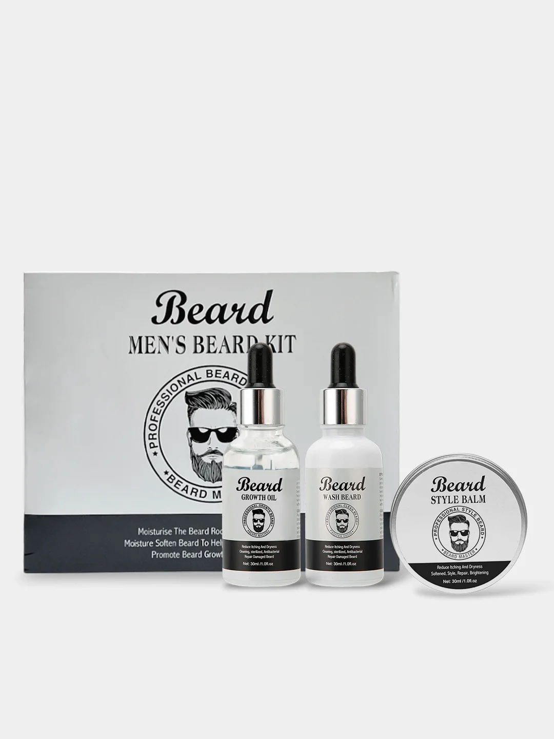 Белый подарочный набор для мужчин Beard : шампунь, бальзам, сыворотка