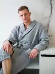 Серый халат вафельный банный мужской, крупная клетка, размеры 48-56, разные цвета