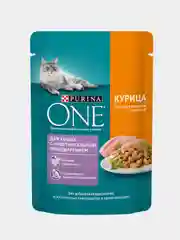 Влажный корм Purina ONE для кошек с чувствительным пищеварением, курица и морковь, 26х75 г