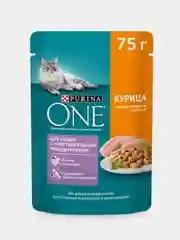 Влажный корм Purina ONE для кошек с чувствительным пищеварением, курица и морковь, 26х75 г
