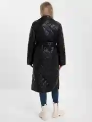 Лесной зеленый куртка демисезонная, длинная, стеганная, с поясом, экокожа