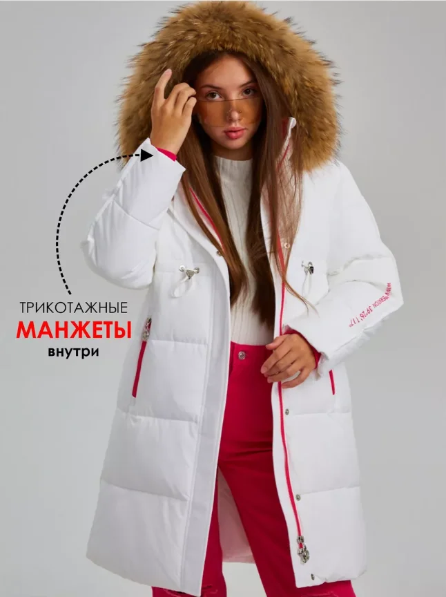 Белый куртка зимняя для девочки подростка Nota Bene мембрана с каюшоном с мехом енота