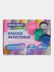 Краски акриловые, набор для рисования и творчества, 12 цветов, Brauberg Hobby