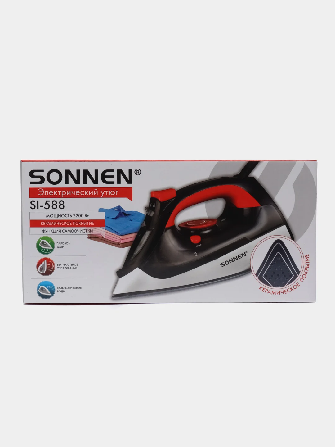 Утюг Sonnen SI-588, 2200 Вт, керамическое покрытие, паровой удар, черный, красный, 455279