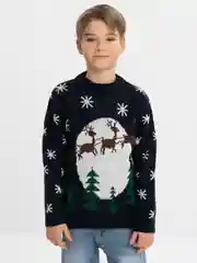 Синий новогодний свитер с оленями, детский, 5-10 лет