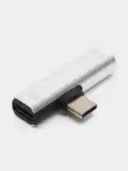 Серебряный переходник с Type-C на mini jack 3,5 мм (+ Type-C) / Адаптер для наушников с зарядкой
