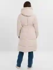 Молочный куртка женская, зимняя, пуховик, удлиненная, с капюшоном, с поясом, на пуговицах