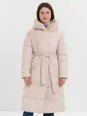 Молочный куртка женская, зимняя, пуховик, удлиненная, с капюшоном, с поясом, на пуговицах