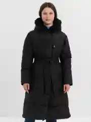 Черный куртка женская, зимняя, пуховик, удлиненная, с капюшоном, с поясом, на пуговицах