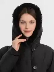 Черный куртка женская, зимняя, пуховик, удлиненная, с капюшоном, с поясом, на пуговицах