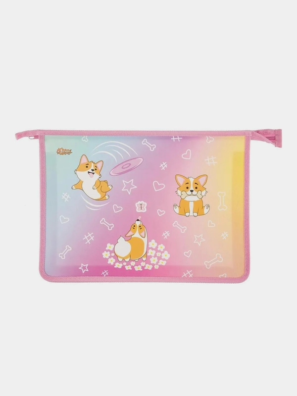 Папка для тетрадей №1School Corgi time, А4, молния, пластик, ПТ-813