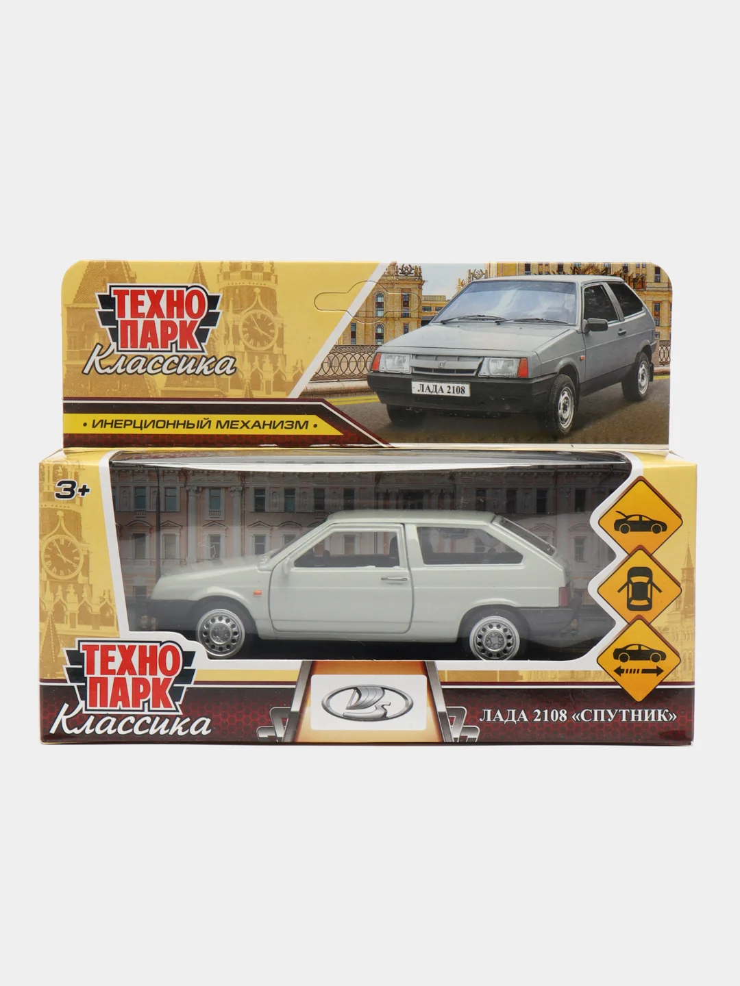 Серебряный машина LADA-2108 Спутник 12 см Технопарк, металлическая, открываются двери и багажник