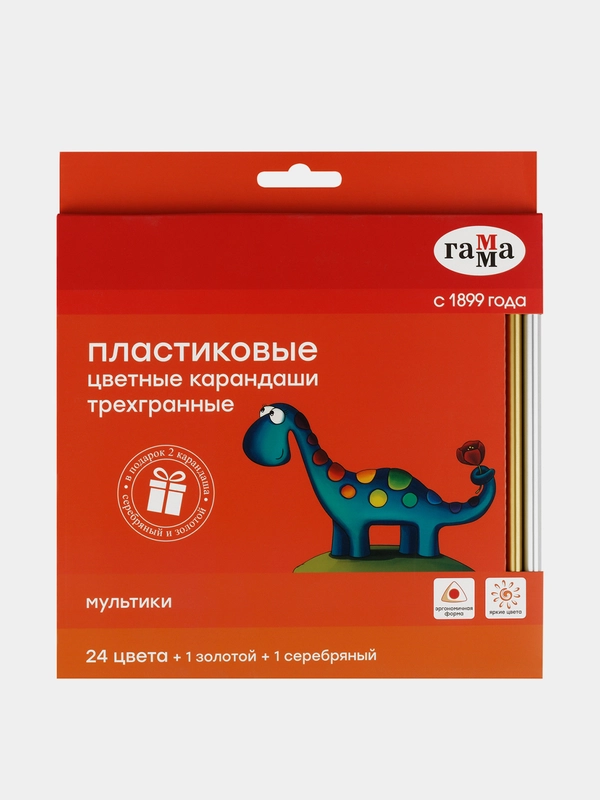 Карандаши цветные пластиковые Гамма "Мультики", 24цв.+1 золотой +1 серебряный, трехгранные