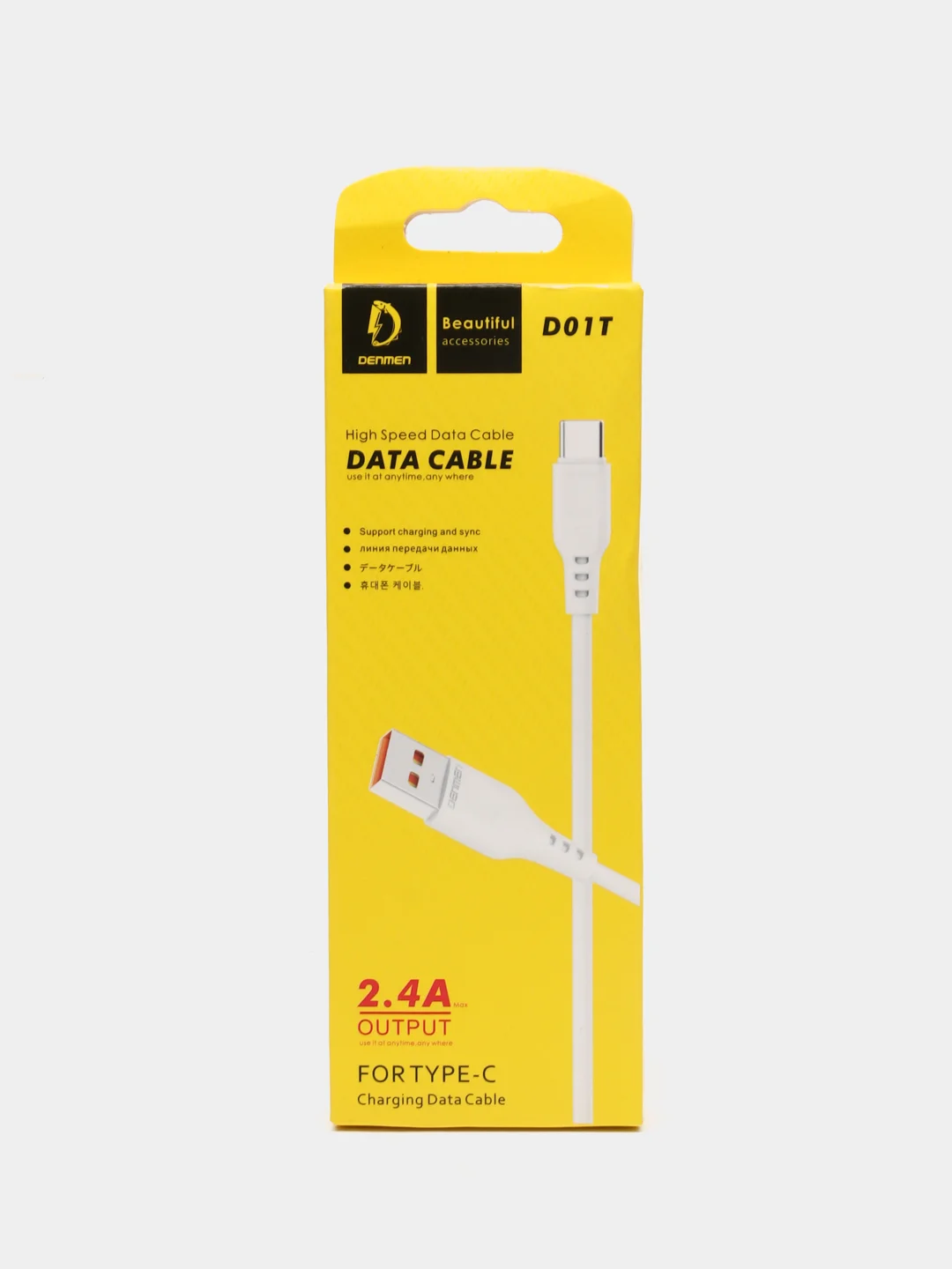 Белый кабель, шнур, провод, USB - Type-C, 2.4A, 1 м, Denmen D01T, черный, белый